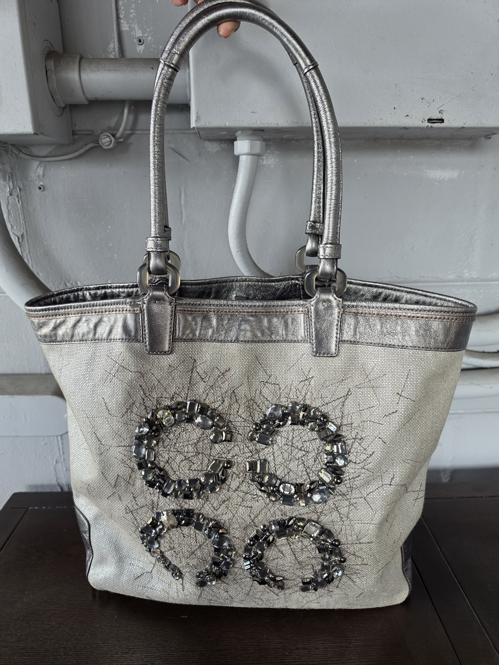 Coach Metallic Silver-Beige Jeweled Tote